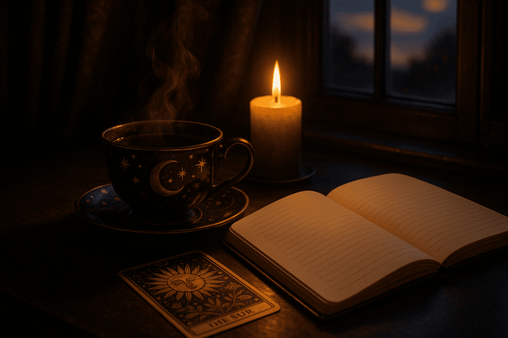 A tired person sitting by a window and reflecting quietly with a notebook and soft evening light