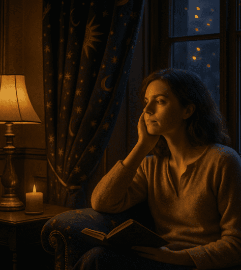 A tired person sitting by a window and reflecting quietly with a notebook and soft evening light