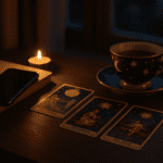 A person reflecting on dating apps with journal, tarot cards and a phone on a table