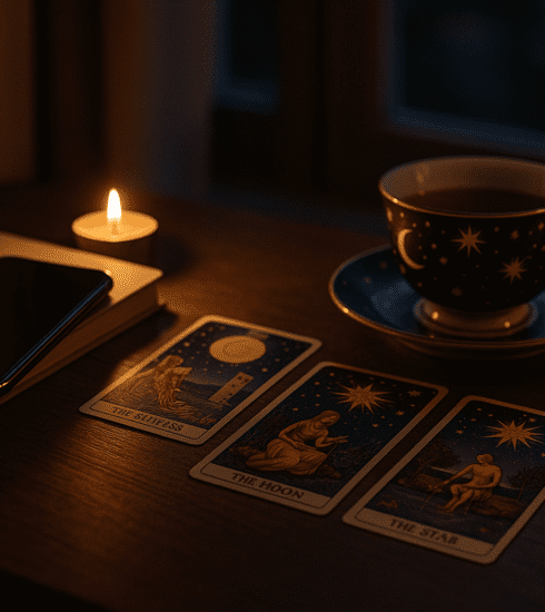 A person reflecting on dating apps with journal, tarot cards and a phone on a table