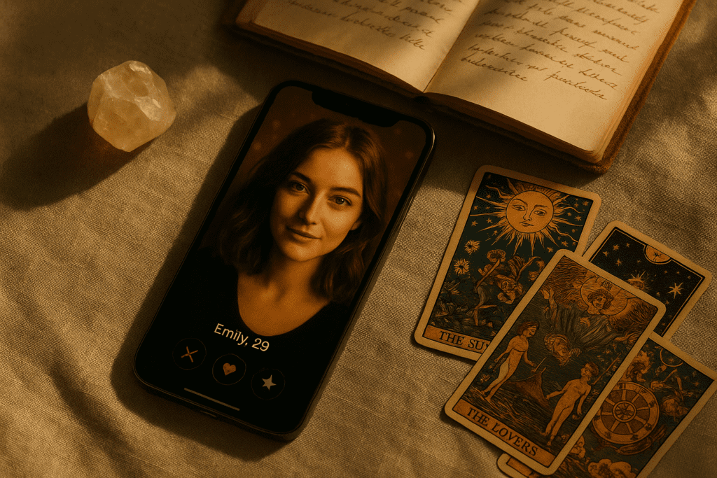 Person reflecting on dating app fatigue with a journal, tarot cards and a phone beside a cup of tea