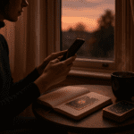 Person reflecting on dating app fatigue with a journal, tarot cards and a phone beside a cup of tea