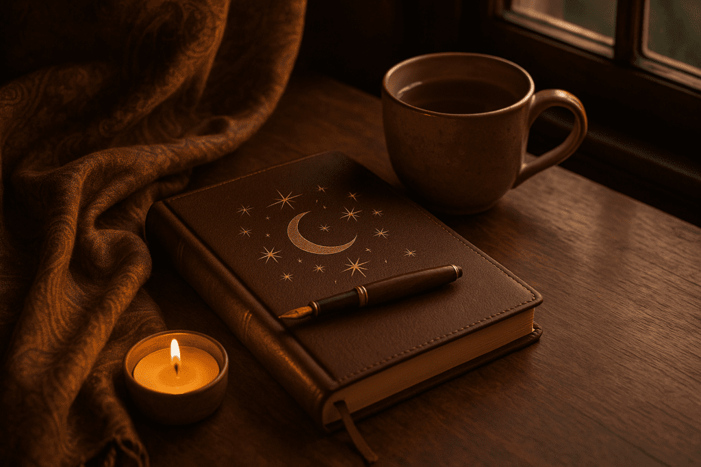 A person journalling beside tea, tarot cards and a candle in a calm spiritual setting