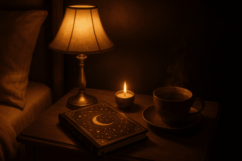 A calm modern ritual scene with tea, candle, journal and tarot cards on a wooden table
