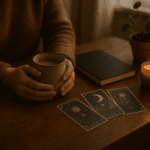 A calm modern ritual scene with tea, candle, journal and tarot cards on a wooden table