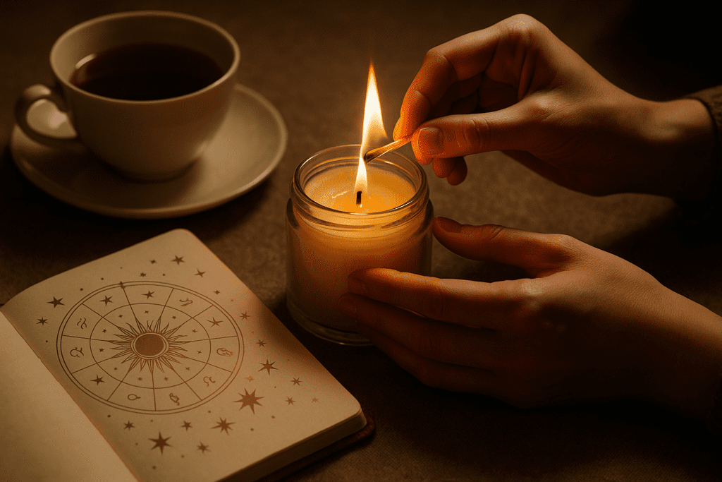 A calm morning ritual with tea, candle and notebook in soft natural light