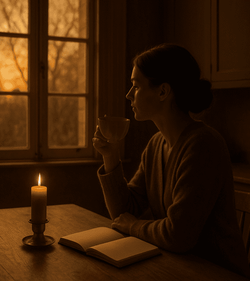 A calm morning ritual with tea, candle and notebook in soft natural light