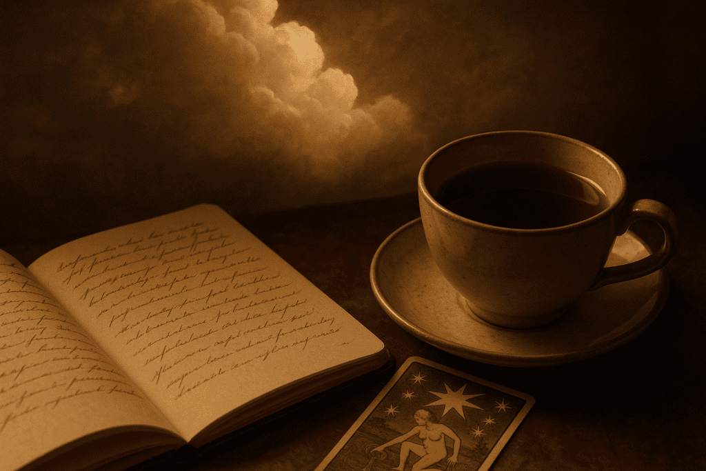 Thoughtful person by a window with notebook and tea, reflecting the idea of emotional weather