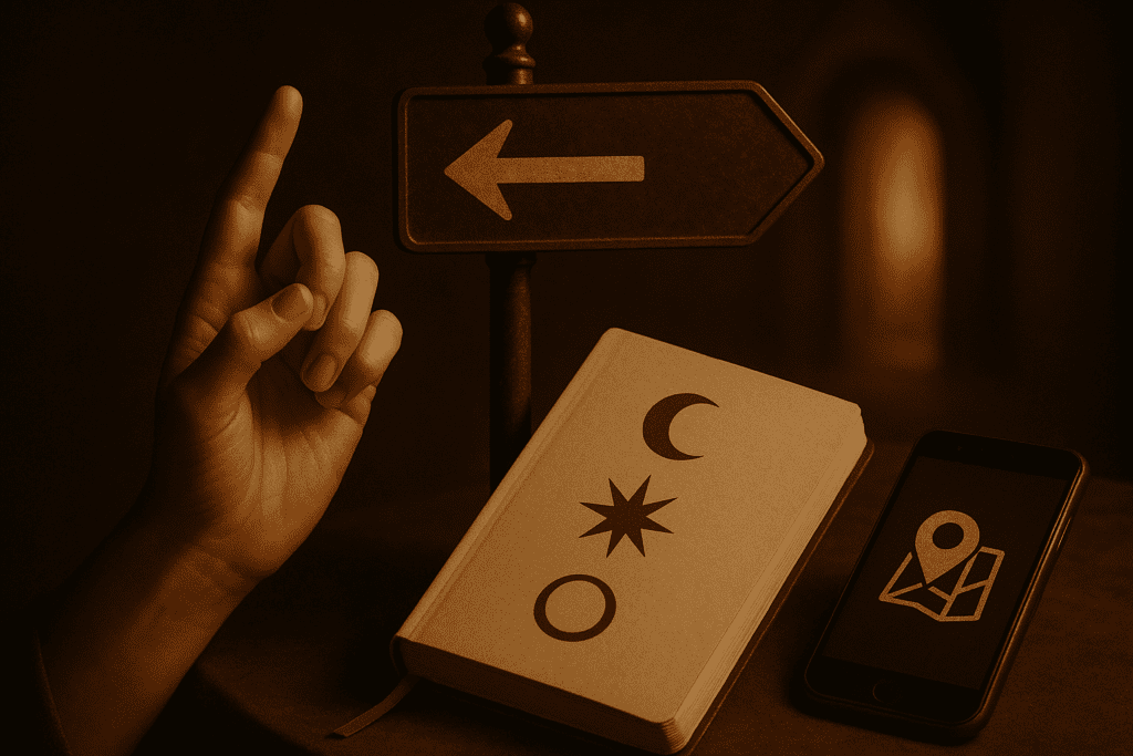 A thoughtful person at a crossroads with everyday signs, symbols and visual cues around them