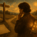 A thoughtful person at a crossroads with everyday signs, symbols and visual cues around them