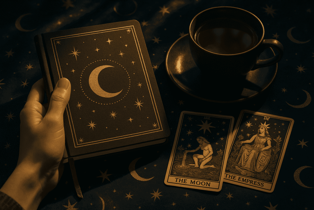 A person journalling beside a cup of tea and tarot cards in a calm, reflective setting