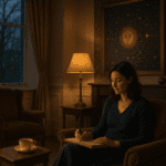 A person journalling beside a cup of tea and tarot cards in a calm, reflective setting