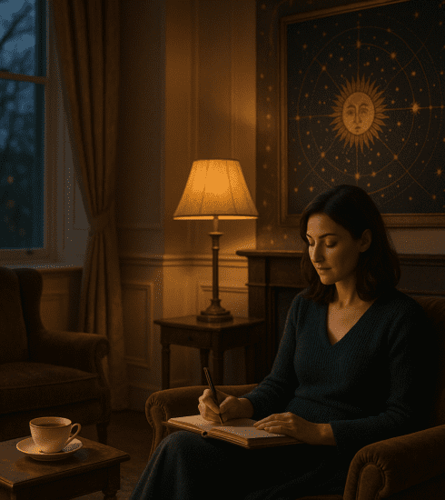 A person journalling beside a cup of tea and tarot cards in a calm, reflective setting
