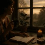 A calm spiritual desk scene with a journal, tarot cards, a candle and a cup of tea