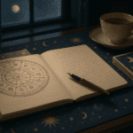 A softly lit astrology desk with a birth chart, notebook, tarot cards and a cup of tea, suggesting emotional intelligence and self-reflection