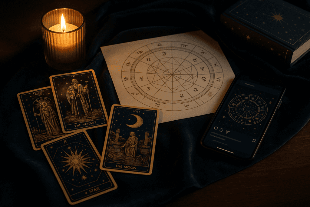 Modern astrology content shown with a newspaper horoscope page, smartphone and celestial-themed desk styling