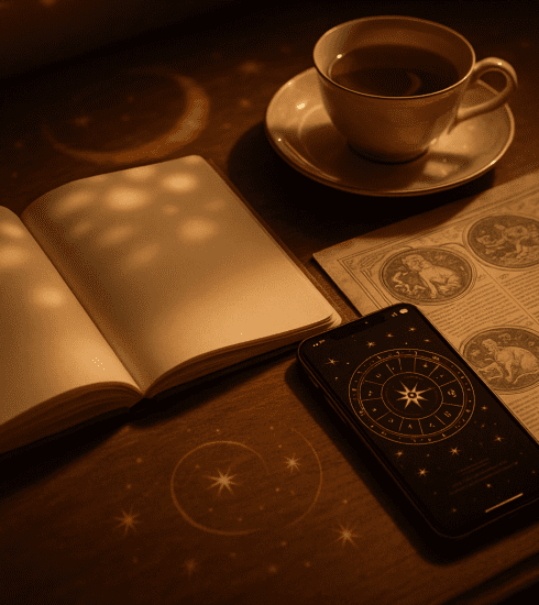 Modern astrology content shown with a newspaper horoscope page, smartphone and celestial-themed desk styling