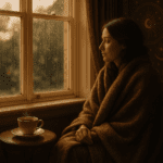 A person sitting quietly by a window with tea, reflecting calmly on a difficult mood