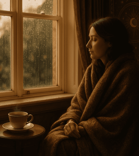 A person sitting quietly by a window with tea, reflecting calmly on a difficult mood