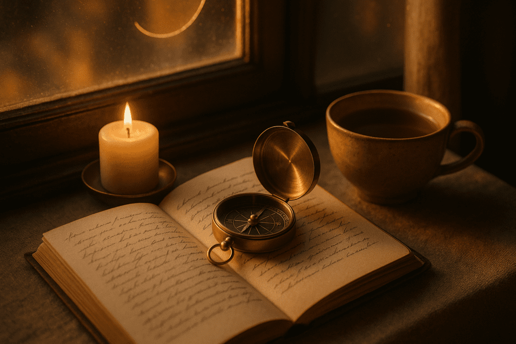 A calm reflective scene with tarot cards, a journal and a cup of tea by a window, suggesting clarity and boundaries