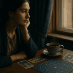A calm reflective scene with tarot cards, a journal and a cup of tea by a window, suggesting clarity and boundaries