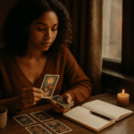 Young adult looking at tarot cards beside a journal in a calm, softly lit room