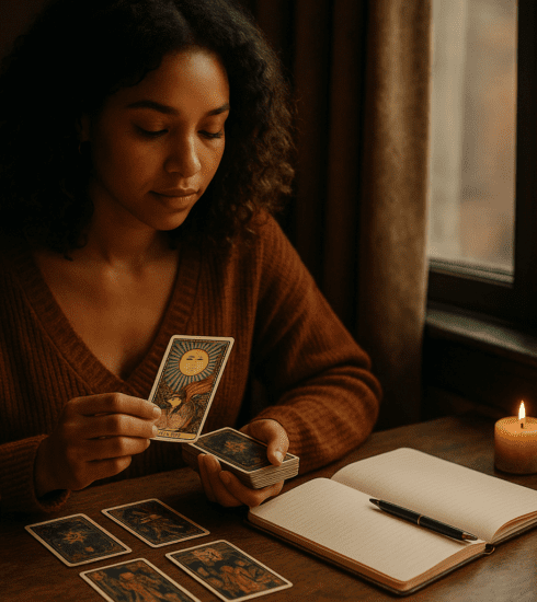 Young adult looking at tarot cards beside a journal in a calm, softly lit room