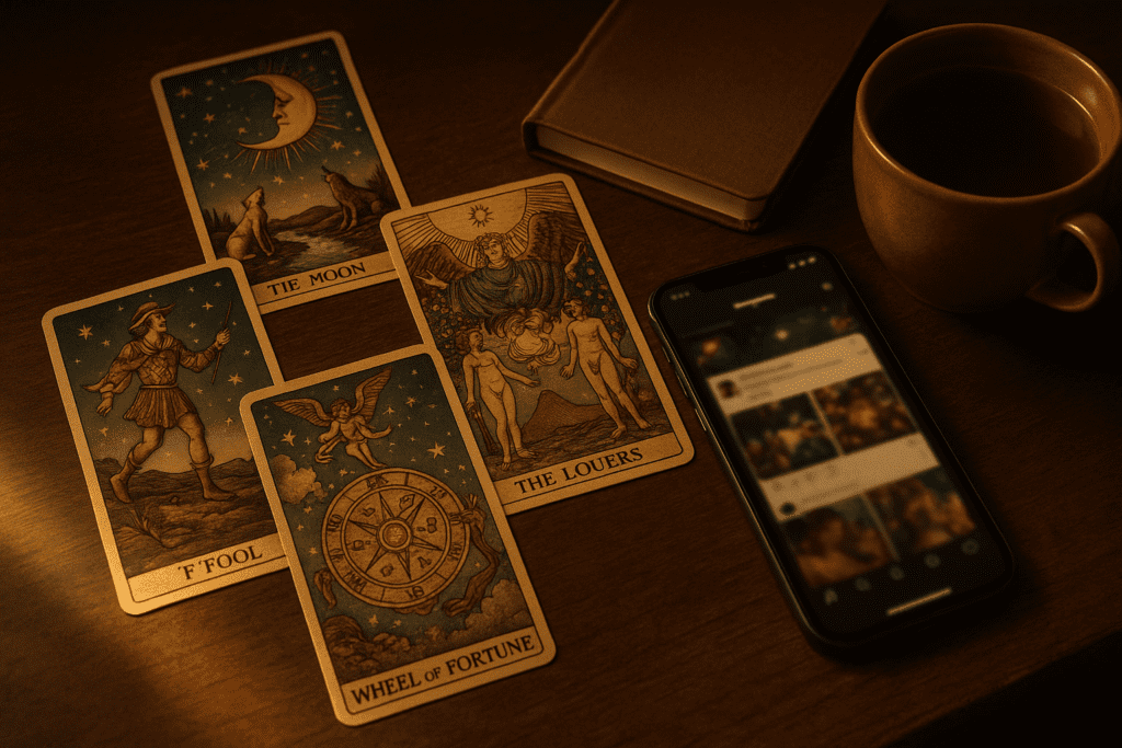A young person laying out tarot cards beside a journal in a calm, softly lit room