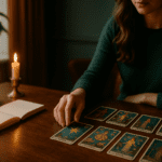 A young person laying out tarot cards beside a journal in a calm, softly lit room