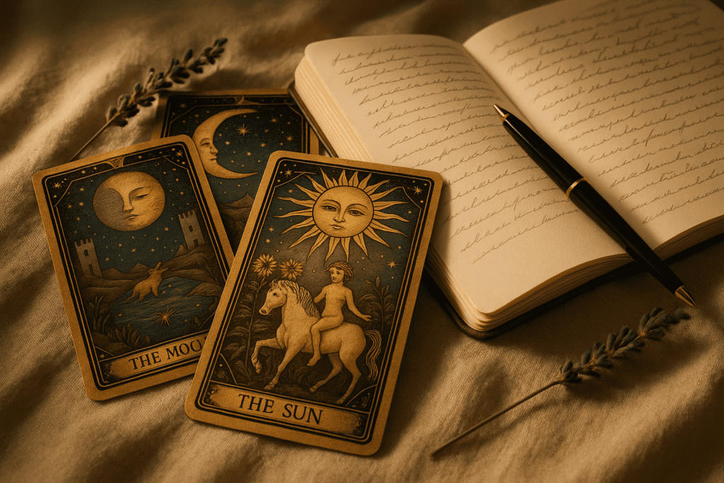 Young person laying out tarot cards beside a journal in a calm, softly lit room