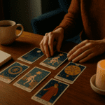 Young person laying out tarot cards beside a journal in a calm, softly lit room