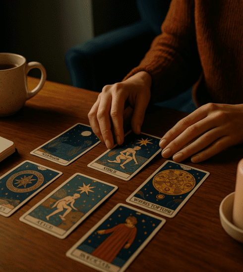 Young person laying out tarot cards beside a journal in a calm, softly lit room