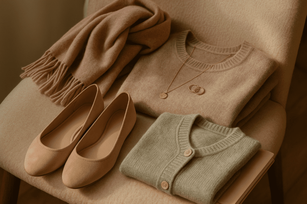 A calm morning wardrobe scene showing soft clothing choices for mood dressing