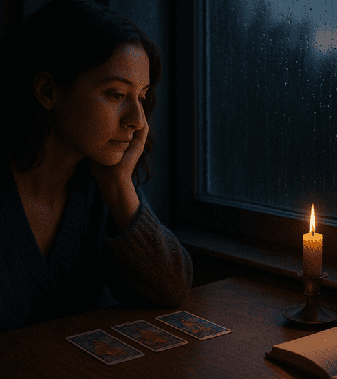 A reflective woman sitting by a rainy window with tarot cards and a notebook, symbolising emotional healing and boundaries