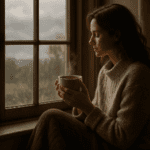A person resting by a window with a cup of tea, suggesting early signs of nervous system stress and the need for gentle self-care