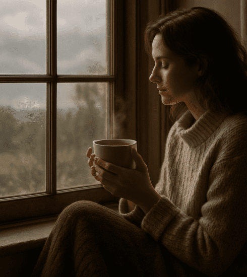 A person resting by a window with a cup of tea, suggesting early signs of nervous system stress and the need for gentle self-care